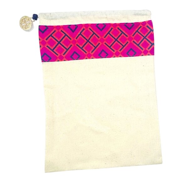 Tory Burch Drawstring Cotton Bag With Pink & Navy Geometric Design 8x6 Inches - Picture 4 of 4
